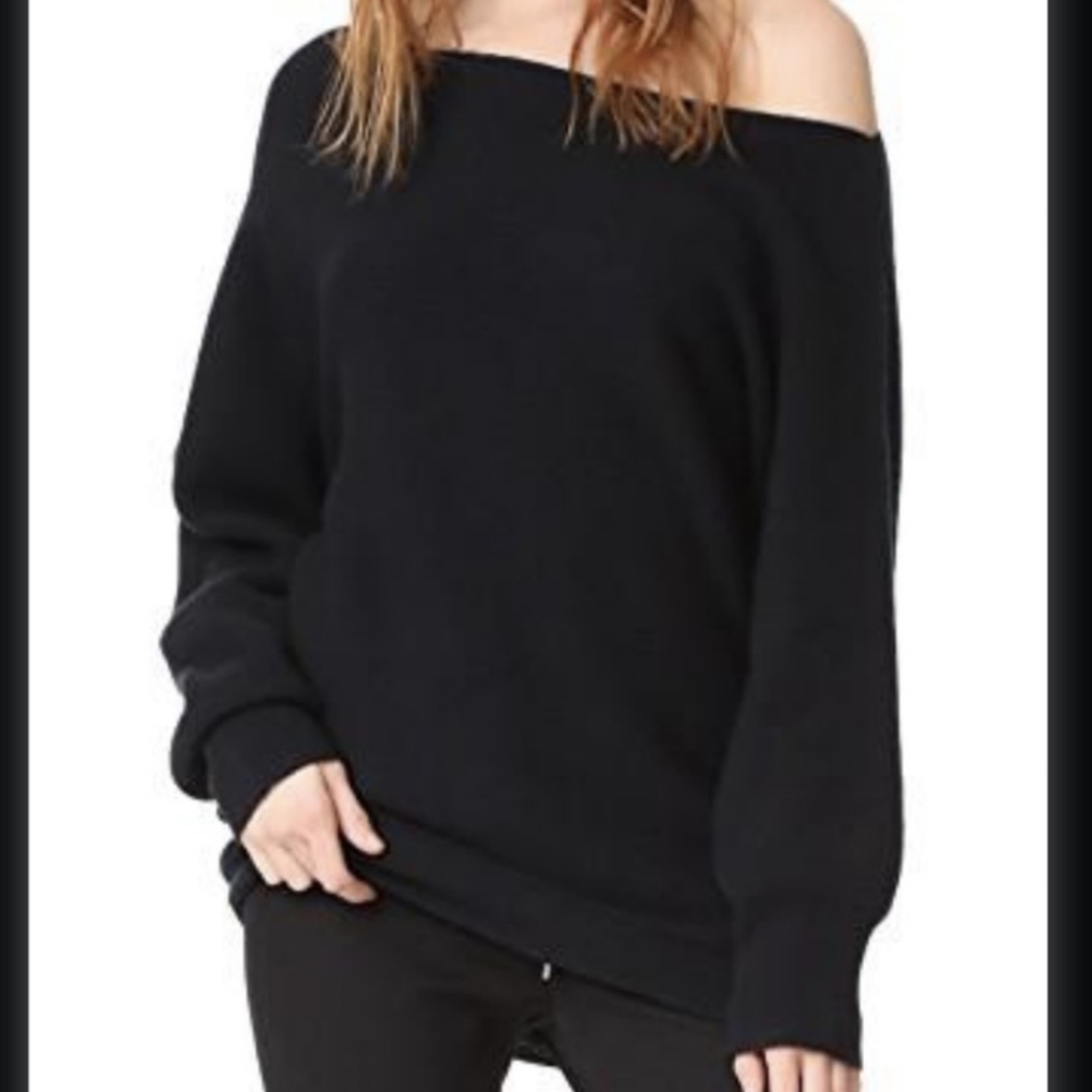 Theory One Shoulder Ribbed Black Merino Wool Sweater